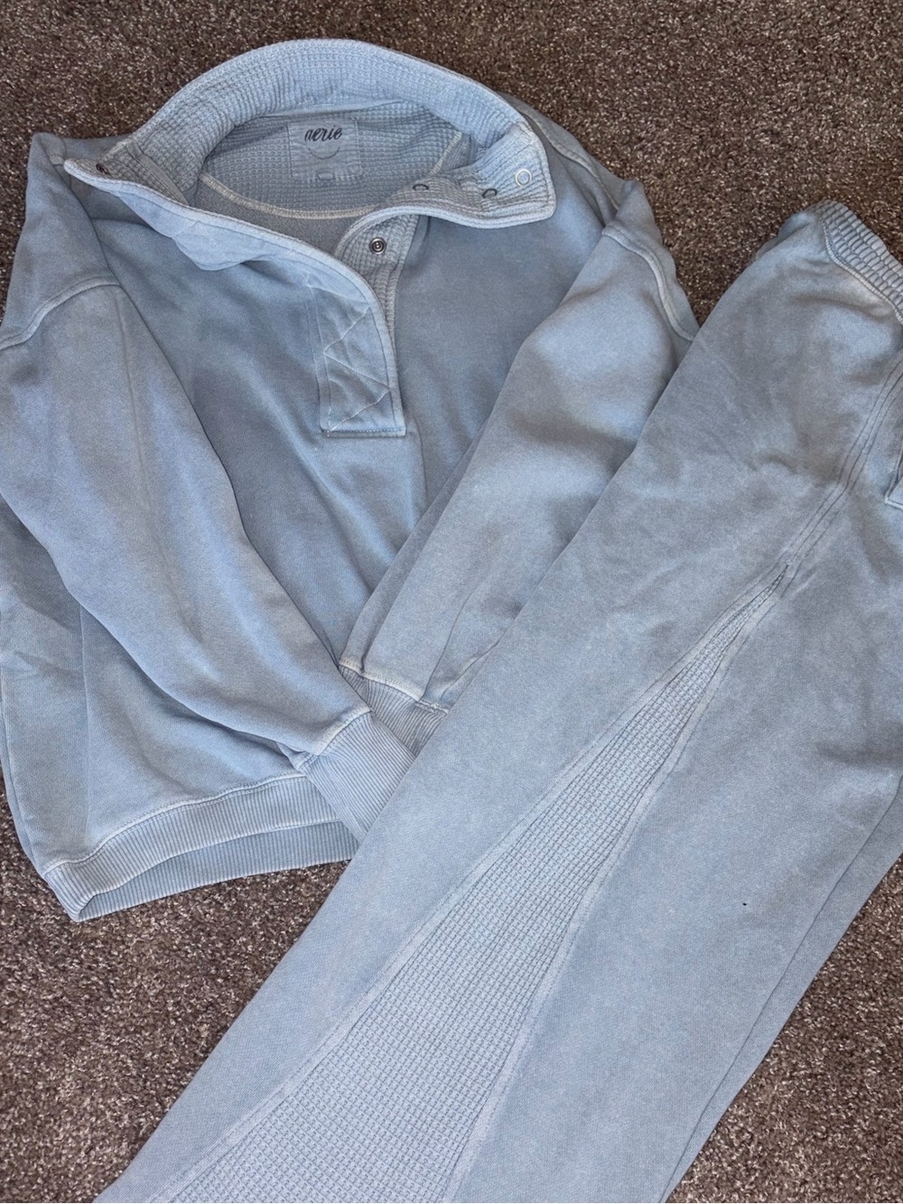 aerie Light Blue Set: Snap-Quarter Pullover Sweatshirt and Wide Leg Sweatpants - Picture 1 of 11